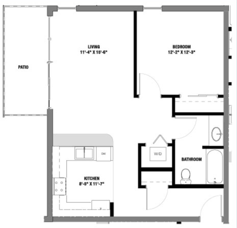 Floor plan for 1 bed, 1 bath, 830 sqft